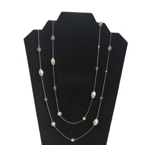 White and Clear Lightweight Beaded Silver Toned Spiga Chain Layering Necklace